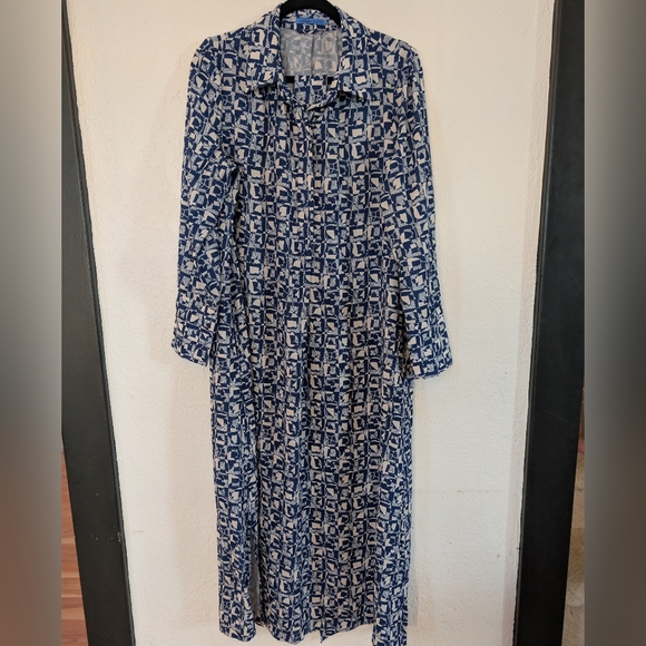 J. McLaughlin Belle Blue White Geometric Tulip Maxi Shirt Dress Sz L Cottagecore - Picture 2 of 8